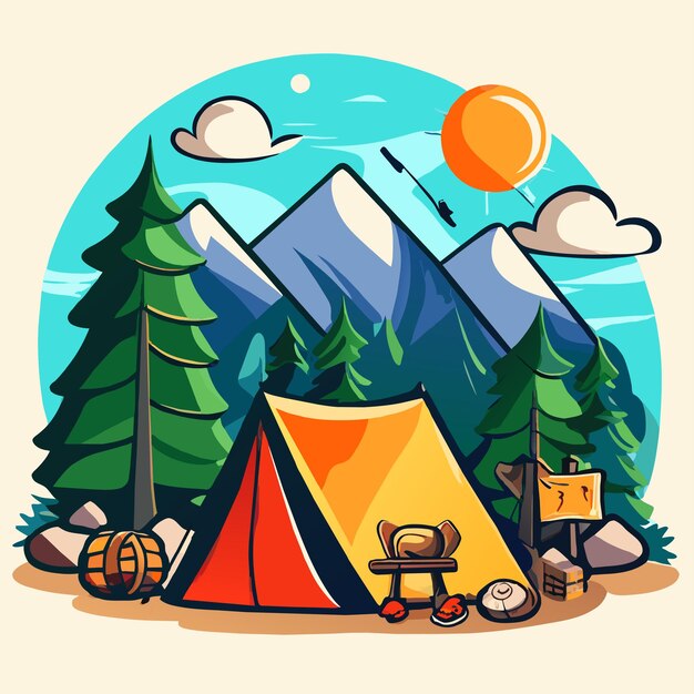 Vector equipo de tienda de campamento de verano en el bosque dibujado a mano plano elegante pegatina de dibujos animados concepto de icono aislado