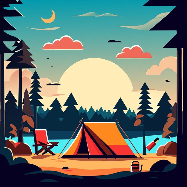 Vector equipo de tienda de campamento de verano en el bosque dibujado a mano plano elegante pegatina de dibujos animados concepto de icono aislado