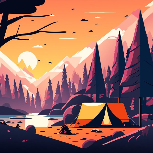 Vector equipo de tienda de campamento de verano en el bosque dibujado a mano plano elegante pegatina de dibujos animados concepto de icono aislado