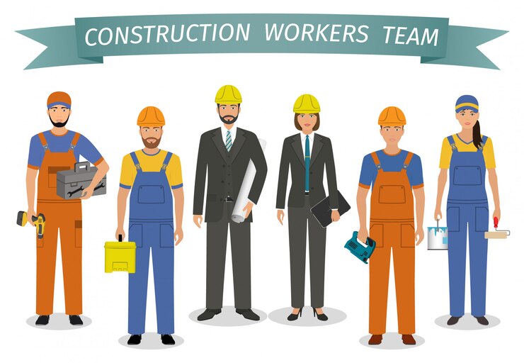 Vector equipo de trabajadores de la construcción. empleo y jornada laboral. grupo de personajes de personas industriales de pie juntos.