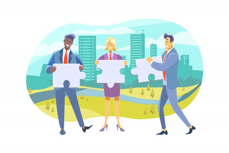 Vector equipo, trabajo en equipo, asociación, cooperación, concepto de negocio.