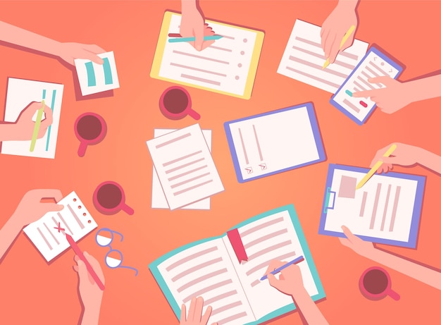 Equipo de trabajo Mesa de negocios vista superior con manos y papel concepto de educación personas que escriben en cuadernos concepto vectorial exacto fondo