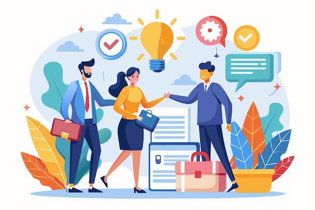 Un equipo de tres profesionales de negocios, incluida una mujer, se reúnen para discutir una nueva idea. Todos sonríen y parecen confiados en su plan.