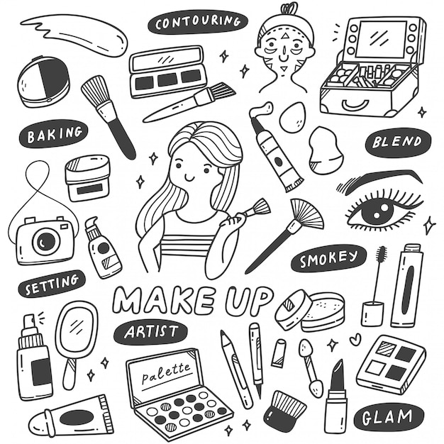 Equipos de maquillaje en estilo doodle