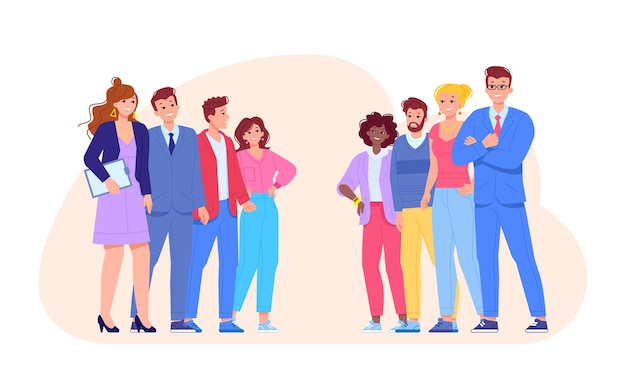 Equipos oposición equipo rivalidad personas opuestas opositores comerciales batalla corporativa guerra empleados grupo de competencia con líder desafíos de trabajo concepto ilustración vectorial de trabajo