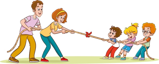 Equipos de personajes niños y adultos compiten en tira y afloja tirando de extremos opuestos de una cuerda