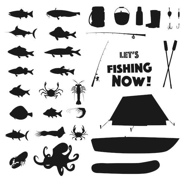 Vector equipos de pesca y siluetas de animales marinos.
