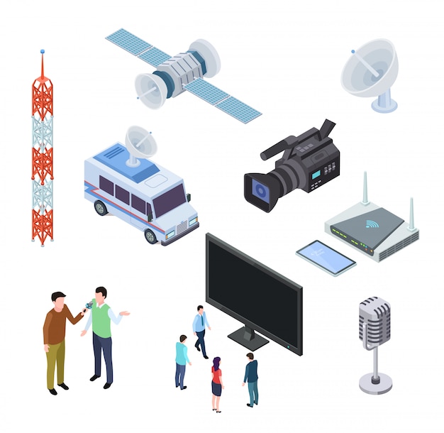 Equipos de radiodifusión. televisión corriente electrónica. antena de tv, satélite y videocámara. telecomunicaciones iconos isométricos 3d