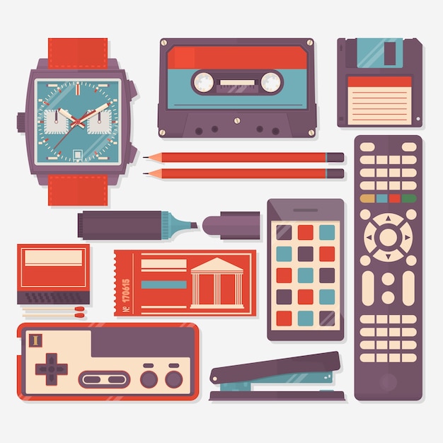 Vector equipos retro, accesorios y cosas iconos conjunto. ilustración vectorial plana