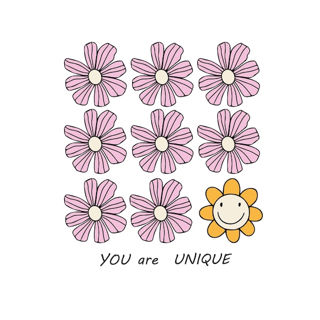 Eres una cita dibujada a mano única Ilustración de letras creativas con flores