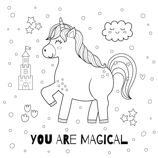 Vector eres un estampado mágico en blanco y negro para niños con un lindo unicornio