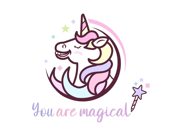 Vector eres mágico tarjeta de felicitación de unicornio feliz con varita mágica