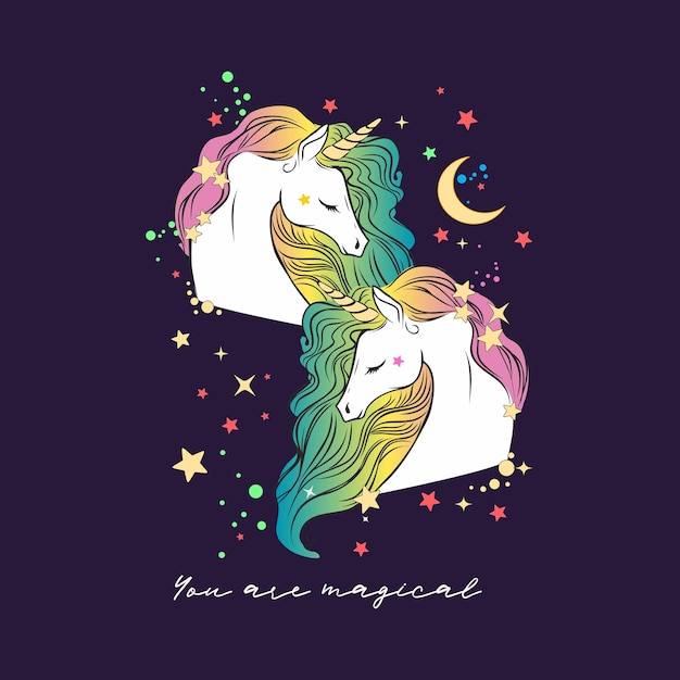 Eres texto mágico Pegaso lindo con melena de arco iris sobre fondo morado oscuro Ilustración vectorial