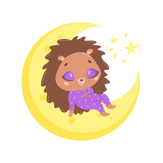 erizo de dibujos animados lindo durmiendo en la luna.
