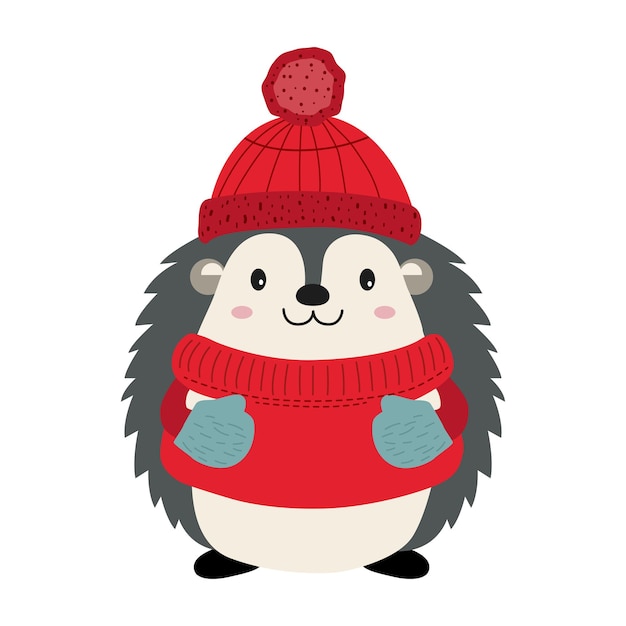 Erizo de dibujos animados con ropa de invierno Ilustración con un erizo dibujado a mano