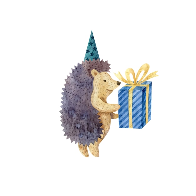Erizo en gorra de cumpleaños con regalo azul Clipart vectorial de acuarela Ilustración de acuarela infantil