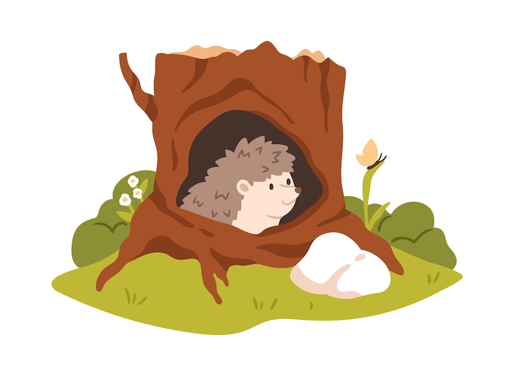 Vector erizo en refugio hueco en tronco de árbol. animal del bosque asomándose por la casa del agujero en el bosque. lindo personaje infantil dentro de la acogedora casa cueva. ilustración de vector plano aislado sobre fondo blanco
