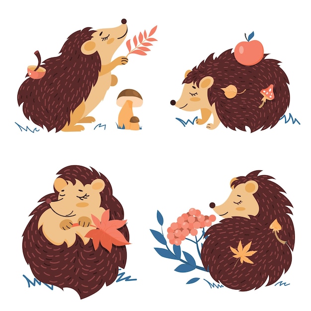 Erizos en diferentes poses con hojas de otoño y setas. Un conjunto de personajes de dibujos animados sobre un fondo blanco.