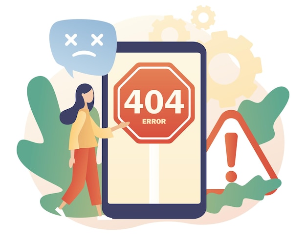 Error 404: inicio de sesión en la pantalla del teléfono inteligente. página no encontrada. sistema de actualizaciones de mujer diminuta, instalación