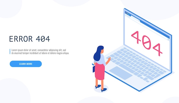 Error 404. mujer viendo el mensaje de página no encontrada en la pantalla de la computadora portátil de dibujos animados. servicio al cliente no disponible.