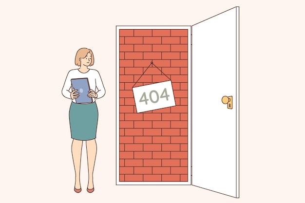 Error 404 visto por una mujer de negocios que abre una puerta bloqueada con ladrillos como símbolo de prohibición de acceder