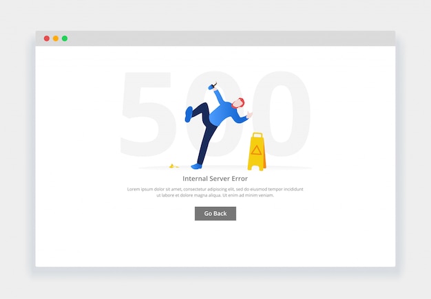 Error 500. Concepto de diseño plano moderno del hombre cayendo junto al letrero de piso mojado para el sitio web. plantilla de página de estados vacíos