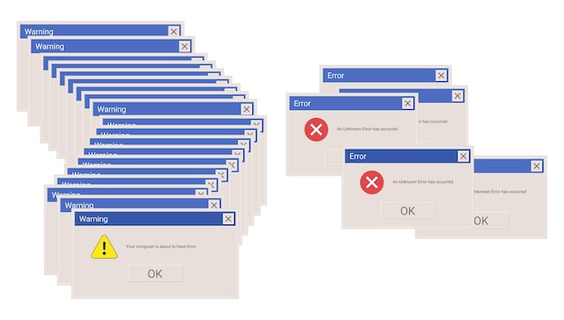 Error crítico Pantalla de mensaje del sistema estilo antiguo Icono emergente de virus Alerta de PC vectorial Ilustración vectorial