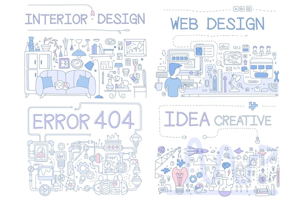 Error de diseño de interiores 404 idea de diseño web colección de símbolos y objetos dibujados a mano creativos ilustración vectorial sobre fondo blanco