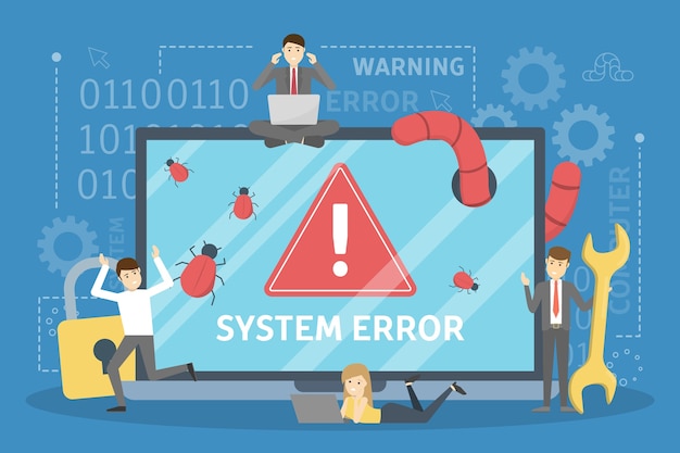 Vector error del sistema. la gente corre en pánico desde la computadora