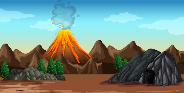 Erupción del volcán en la escena de la naturaleza.