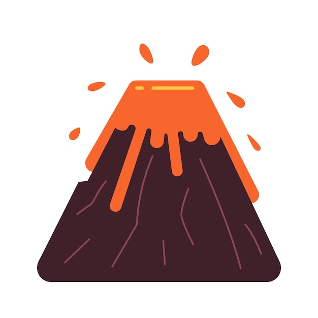 Erupción de volcán objeto vectorial de color semi plano Expulsión de lava fundida Desastre natural Icono de clip art de dibujos animados editable sobre fondo blanco Ilustración de punto simple para diseño gráfico web