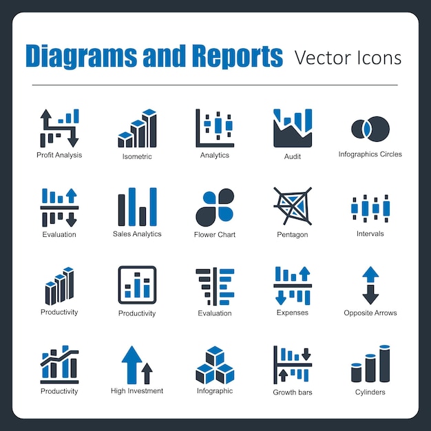 Esta es una colección de 20 hermosos diagramas de píxeles hechos a mano perfectos e íconos vectoriales de informes