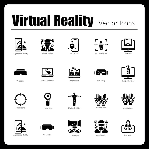 Esta es una colección de 20 hermosos iconos vectoriales de realidad virtual perfectos en píxeles hechos a mano.