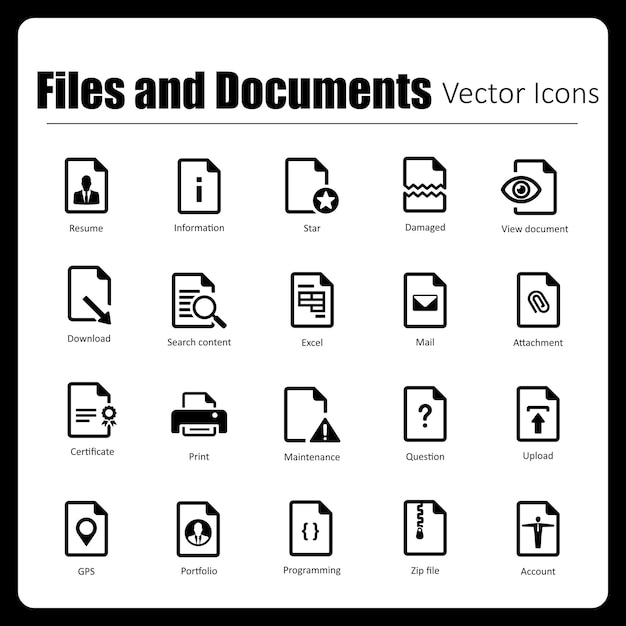 Esta es una colección de 24 íconos vectoriales de archivos y documentos perfectos de píxeles hechos a mano