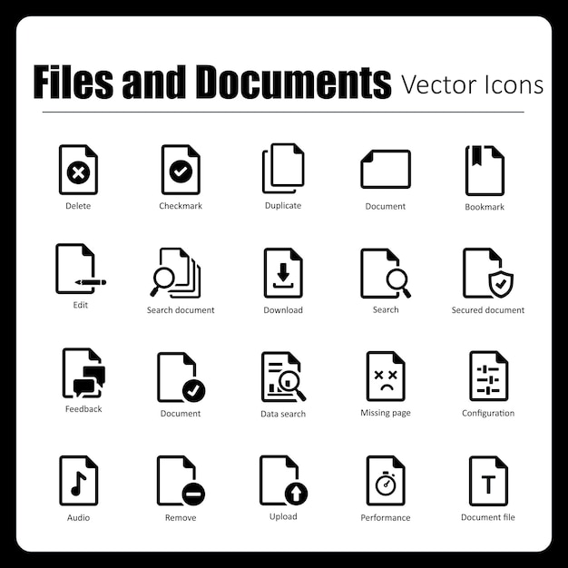 Esta es una colección de 24 íconos vectoriales de archivos y documentos perfectos de píxeles hechos a mano