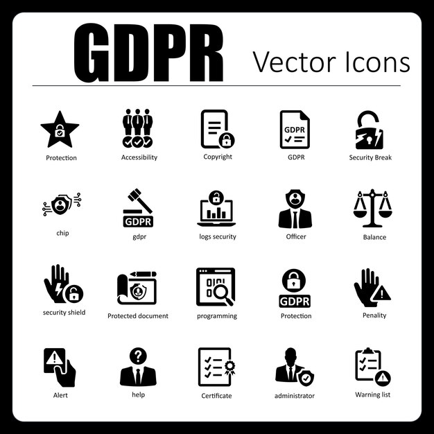 Esta es una colección de 24 iconos vectoriales de GDPR perfectos para píxeles hechos a mano