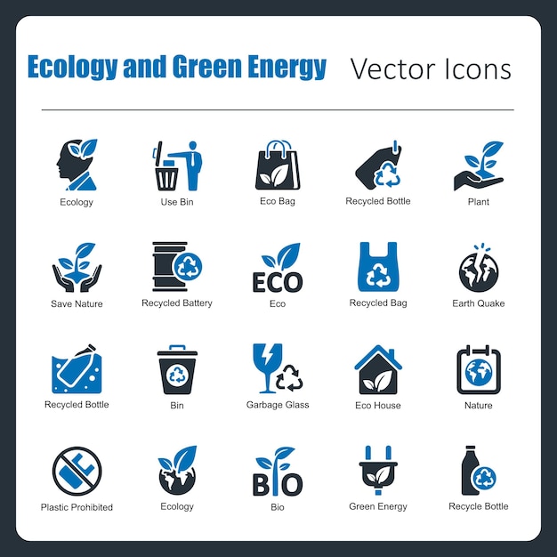 Esta es una colección de iconos vectoriales de ecología y energía verde perfectos para píxeles hechos a mano.
