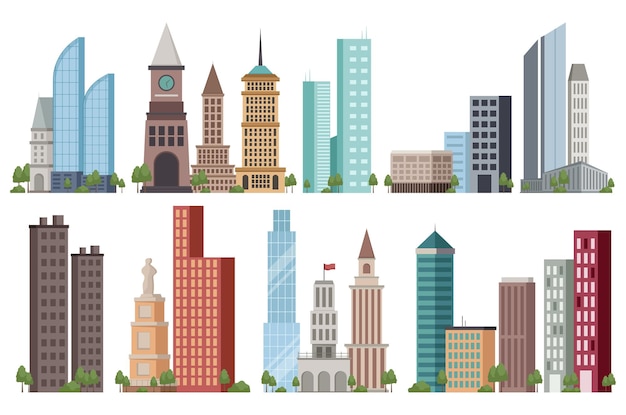 Este es un conjunto de ilustraciones de dibujos animados de diseño plano de edificios de la ciudad.