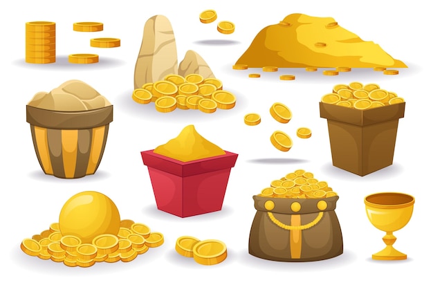 Este es un conjunto plano de dibujos animados de ilustraciones de dinero y oro.