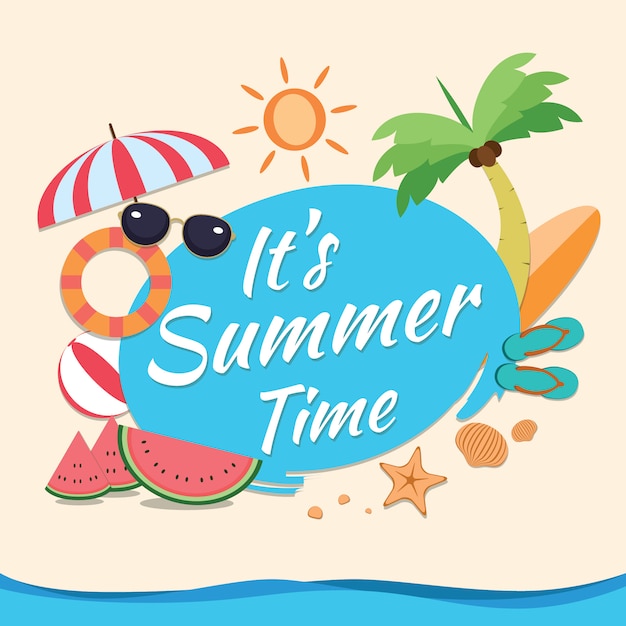 Es un diseño de horario de verano con un círculo azul para texto y coloridos elementos de playa en la arena.