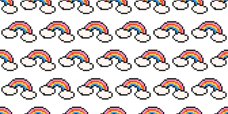 Vector es un emoji de un arco iris de pixel art con un patrón vectorial sin costuras de fondo blanco vintage de 8 bits