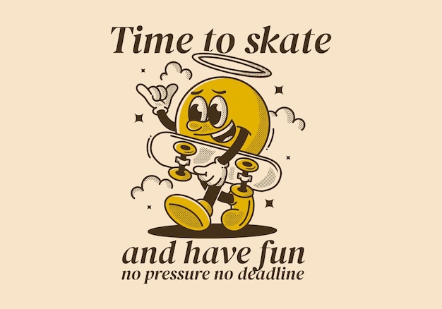 Es hora de patinar y divertirse caminando con el personaje de la cabeza de la pelota sosteniendo una tabla de patinaje.