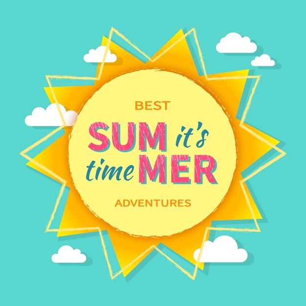 Es hora de verano La mejor aventura Sol con nubes de rayos y signo Fondo de vector de logotipo de verano