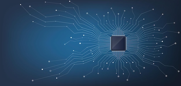 Esta es una ilustración técnica de un microchip que muestra varias líneas de flujo de datos y conexiones