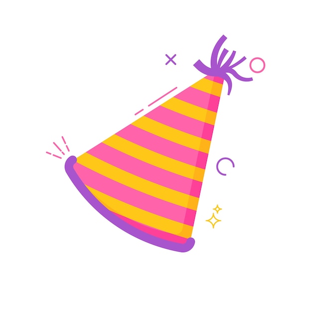 Esta es una ilustración vectorial de estilo plano de un sombrero de fiesta a rayas en rosa y amarillo con un borde púrpura y una borla