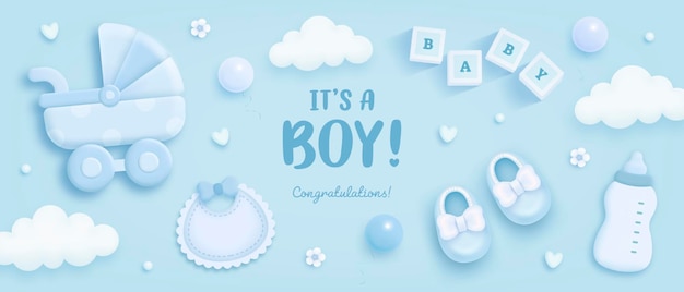 Es una invitación de baby shower de niño con letras