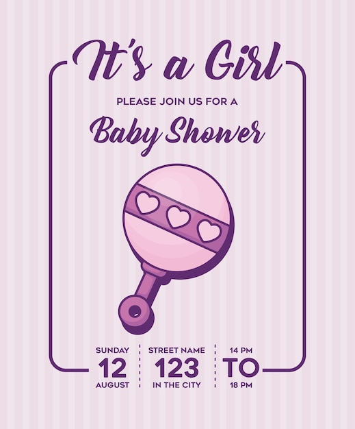 Es una invitación de la ducha de la niña-bebé con el icono del traqueteo sobre el fondo púrpura, diseño colorido. vector i