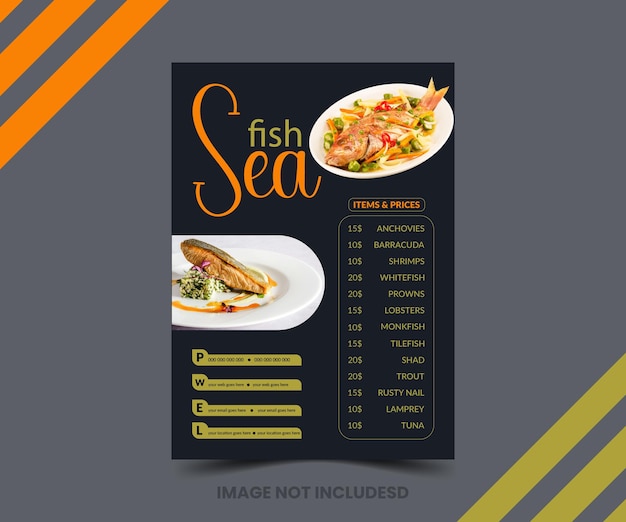 este es un menú de mariscos un menú para pescado y mariscos se muestra con una imagen de un plato de comida