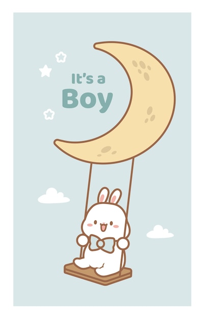 Es un niño lindo conejito jugar columpio en la luna vector chibi pastel dibujo