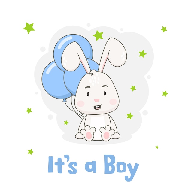 Es un niño Lindo personaje de conejo con globos azules aislado sobre fondo blanco.